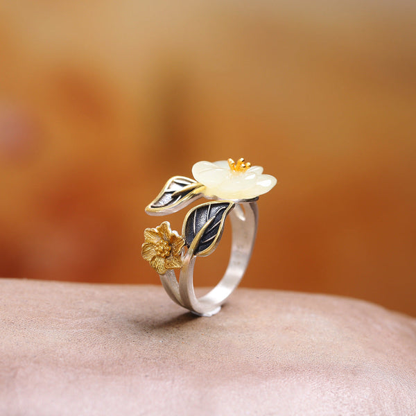 Elegant Jade Blossom Adjustable Silver Ring for Women