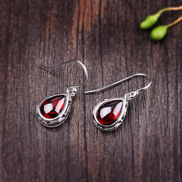 Vintage Silver Red Garnet Teardrop Earrings