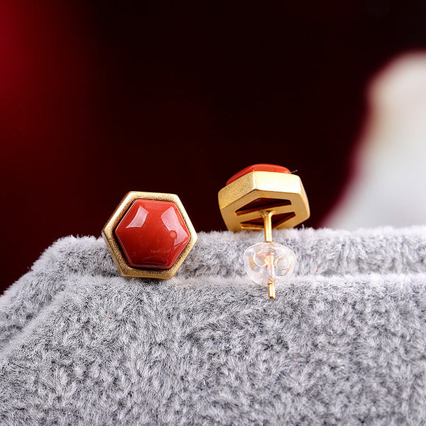 Hexagon Red Agate Stud Earrings for Women