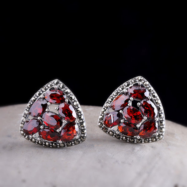 Triangular Garnet Cluster 925 Silver Stud Earrings