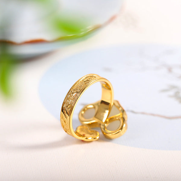 Gold Jade Cloud Ring with Coral Accent -