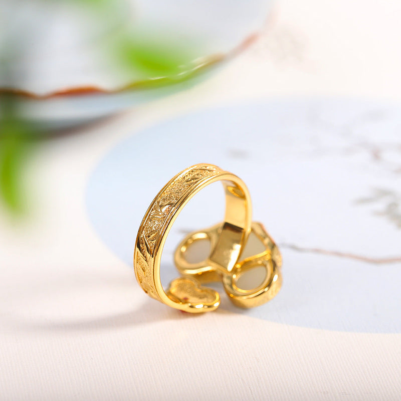 Gold Jade Cloud Ring with Coral Accent -