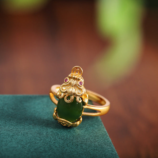 Gold-Plated Jade Ring with Ruby Accents for Women