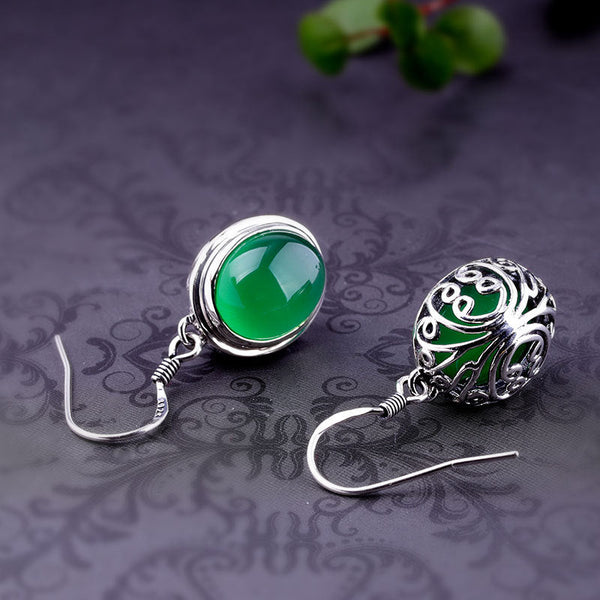 Elegant Sterling Silver Green Agate Filigree Earrings