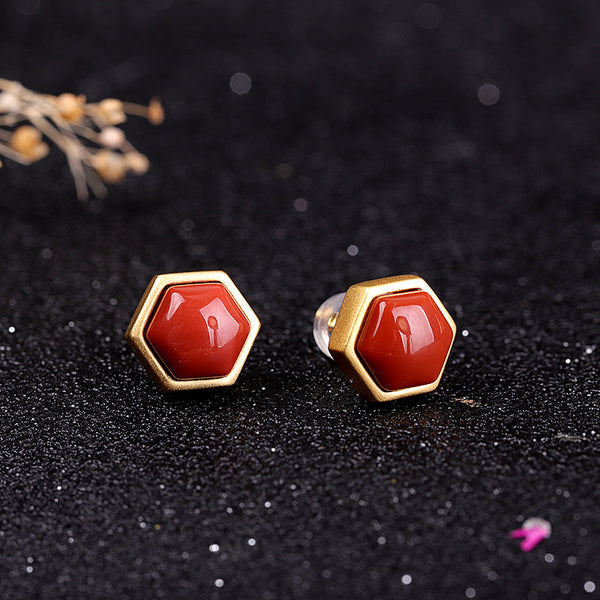 Hexagon Red Agate Stud Earrings for Women