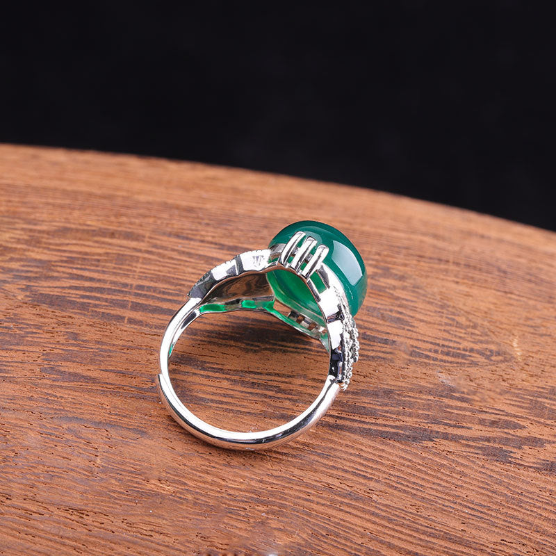 Vintage Green Agate Silver Ring for Women