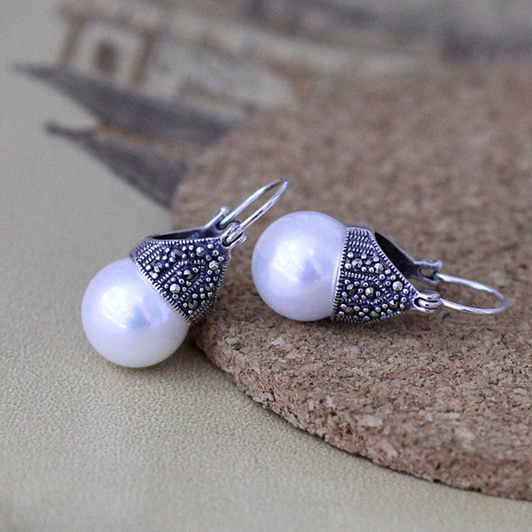 Vintage Silver Pearl Drop Earrings - Classic Elegance