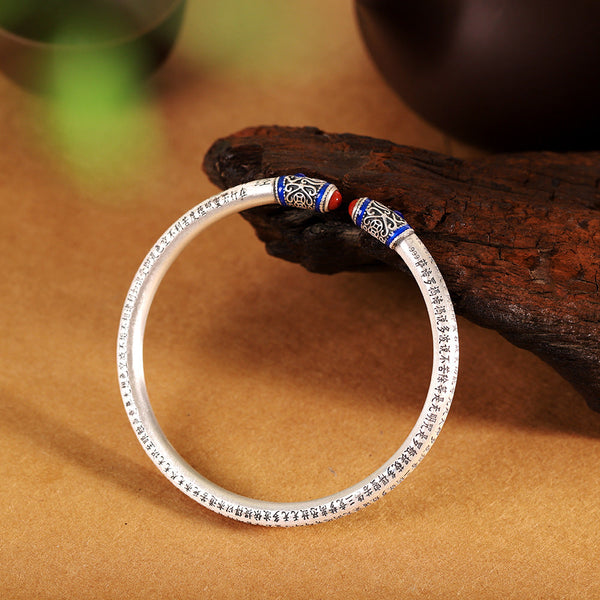 Sterling Silver Tibetan Bangle with Enamel Accents