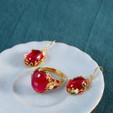 Elegant Gold-Plated Red Jade Floral Jewelry Set