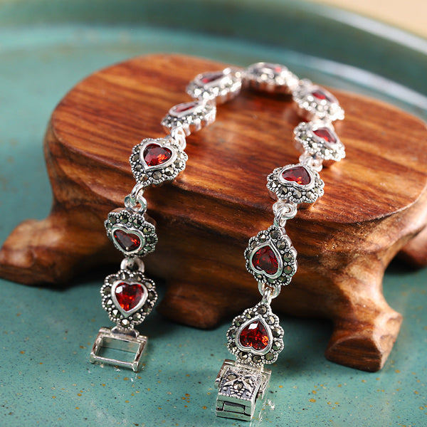 Vintage Garnet Heart Silver Bracelet, Timeless Elegance