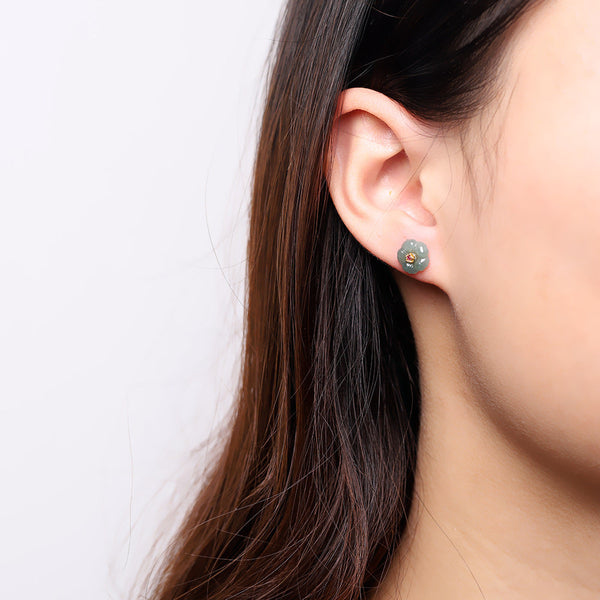 Elegant Jadeite Peony Earrings with Ruby Accent