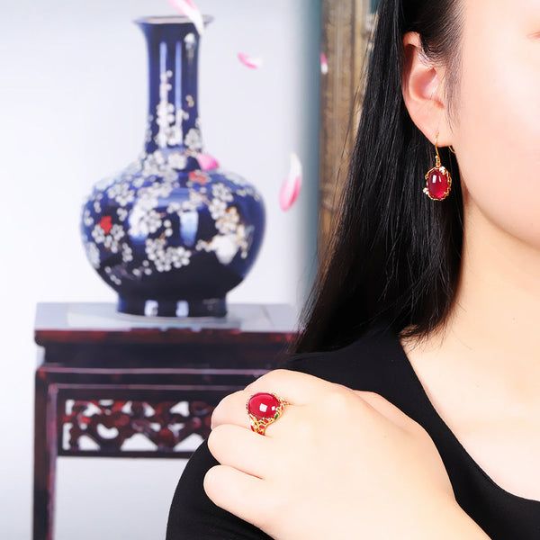 Elegant Gold-Plated Red Jade Floral Jewelry Set