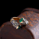 Gold-Plated Silver Emerald Dual Dragon Women's Ring