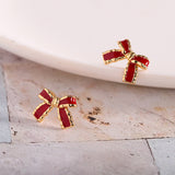 Ruby Red Bow Earrings with Gold Trim - Elegant Accessories for Women