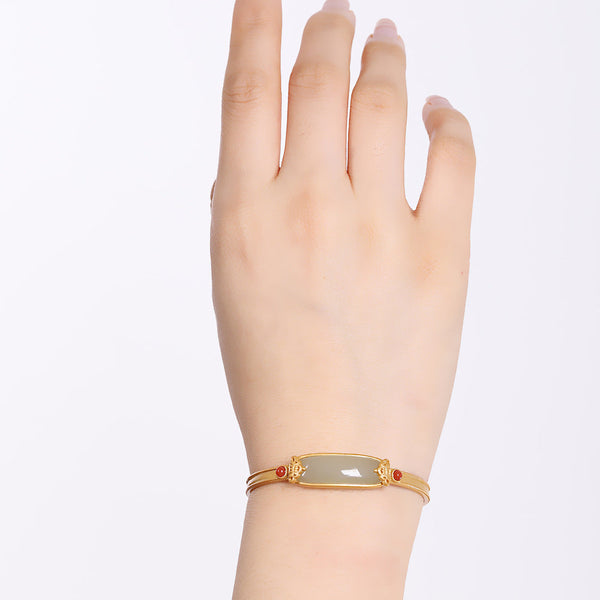 Gold Jade Cuff Bracelet with Coral Accents