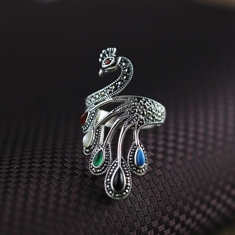 Peacock-Inspired Sterling Silver Ring with Gemstones