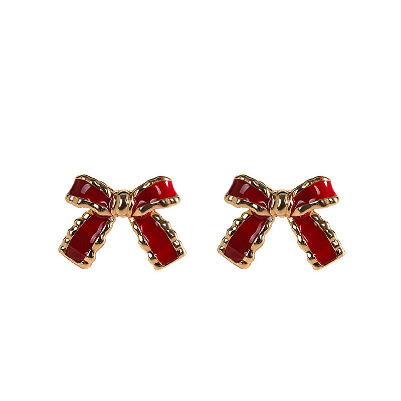 Ruby Red Bow Earrings with Gold Trim - Elegant Accessories for Women