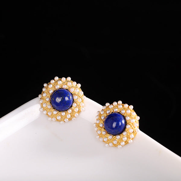 Lapis Lazuli Pearl Gold Stud Earrings,