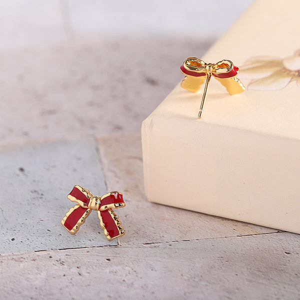 Ruby Red Bow Earrings with Gold Trim - Elegant Accessories for Women