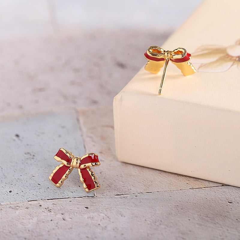 Ruby Red Bow Earrings with Gold Trim - Elegant Accessories for Women