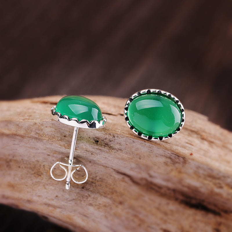 Sterling Silver Green Jade Studs - Elegant Women's Accessory