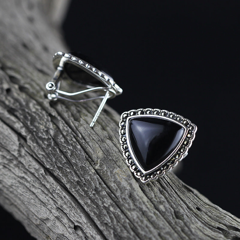 Vintage Black Onyx Triangle Earrings for Her