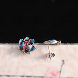 Sterling Silver Lotus Earrings with Blue Enamel