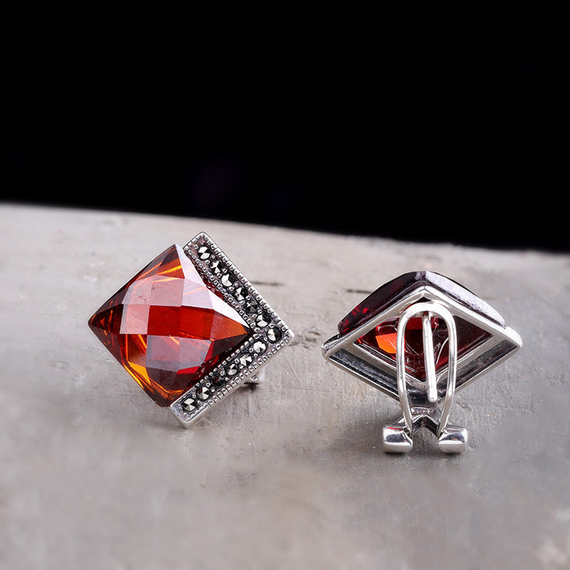 Ruby Quartz Vintage Square Stud Earrings for Women