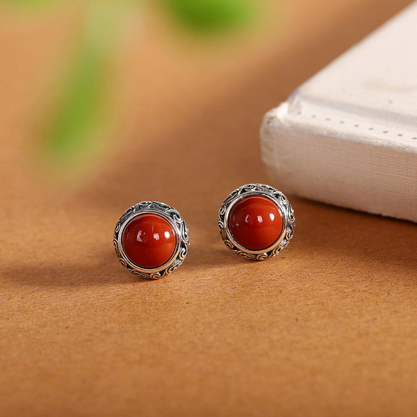 Vintage Red Carnelian Studs in 925 Silver - Elegant Classics