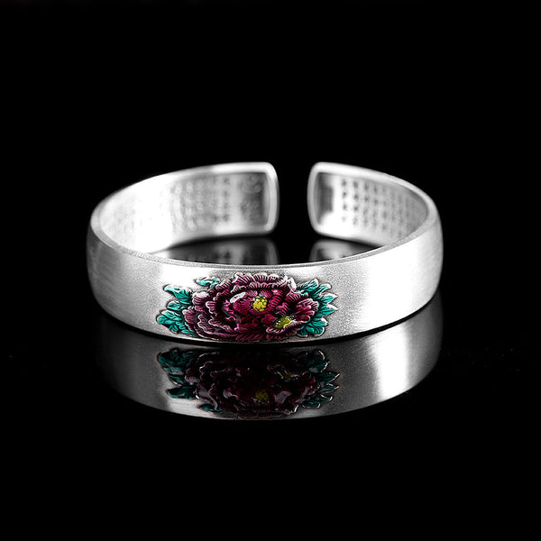 Handcrafted Silver Bracelet with Enamel Peony Design