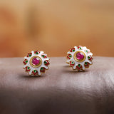 Golden Floral Earrings with Ruby and Enamel Inlay