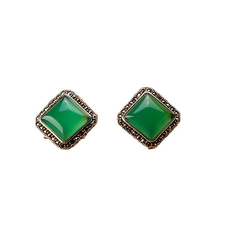 Green Agate Square 925 Silver Earrings for Women