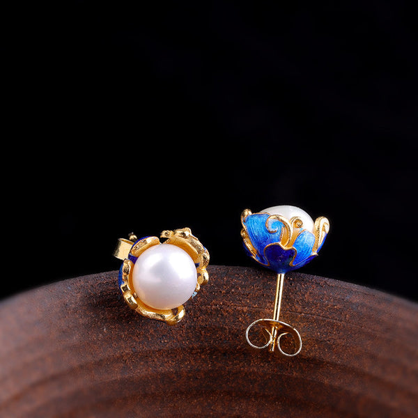 Elegant Pearl Studs with Ornate Enamel Crown