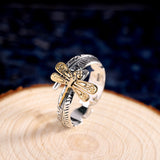 Golden Dragonfly on Sterling Silver Feather Ring