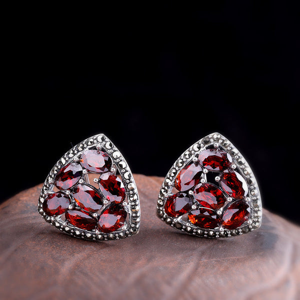 Triangular Garnet Cluster 925 Silver Stud Earrings