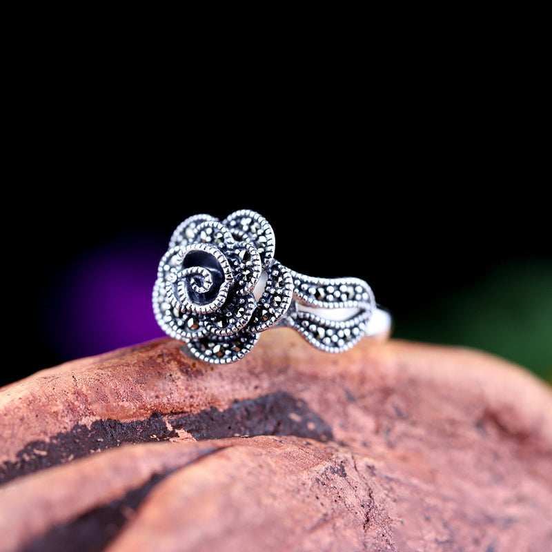 925 Silver Rose Marcasite Ring - Women's Elegant Gift