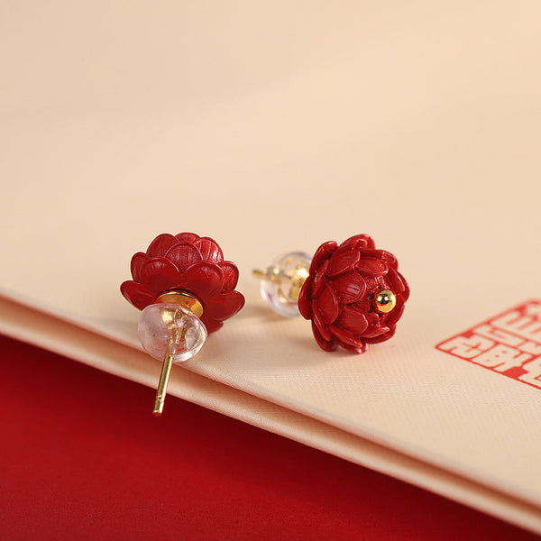 Red Carved Floral Stud Earrings for Women