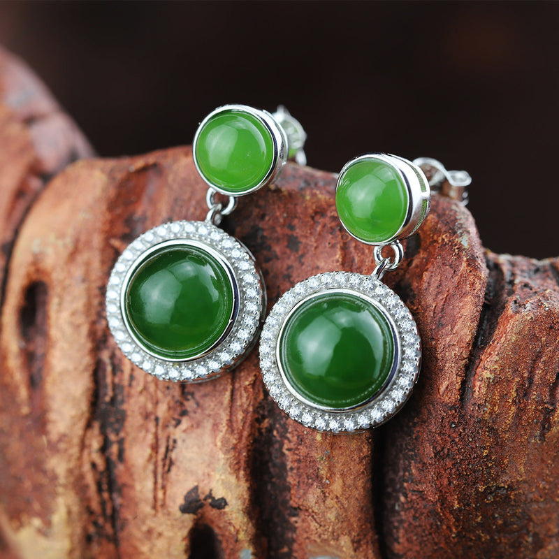 Jade and Diamond Sterling Silver Earrings - Elegant