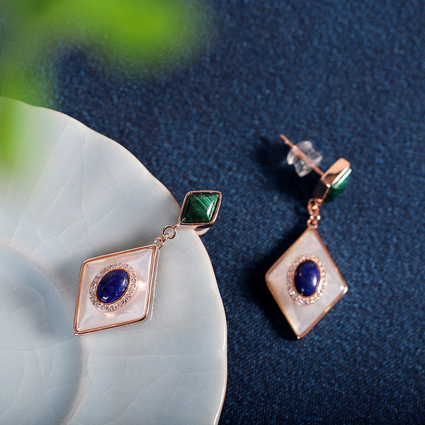 Lapis and Malachite Geometric Drop Earrings,  Edition