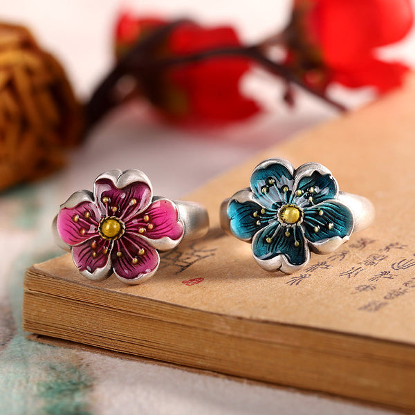 Blossom Elegance: 999 Silver Enamel Flower Rings