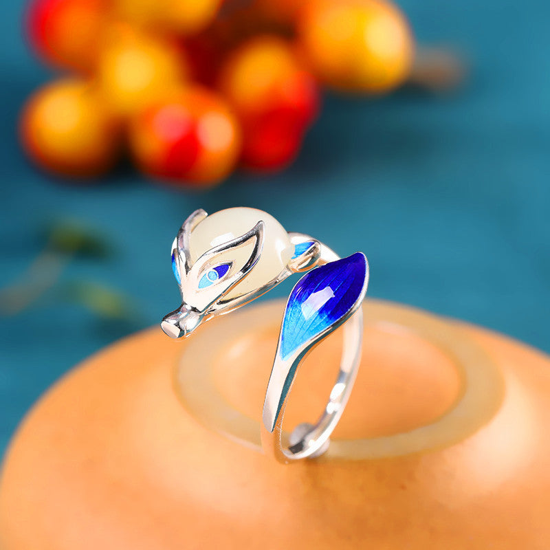 Mystic Blue Jade Fox Sterling Ring S925