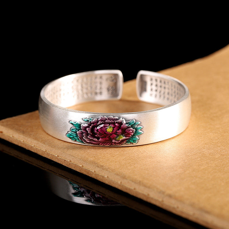 Handcrafted Silver Bracelet with Enamel Peony Design