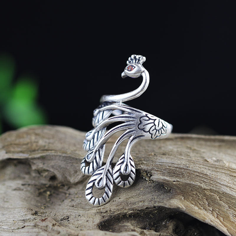 Elegant Silver Peacock Ring with Black Onyx for Women