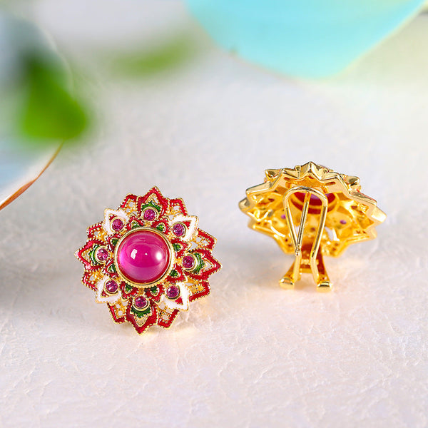 Ruby Enamel Lotus Earrings for Elegant Women