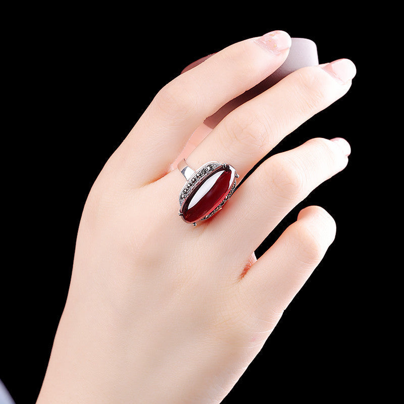 Ruby CabochonRadiant Red Jade Silver Ring Silver with Ring Black - Acc ents Edition