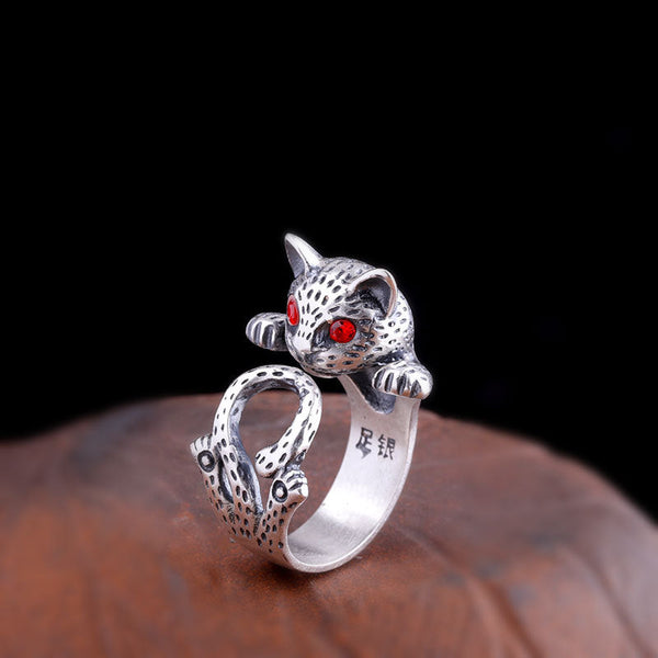 Sterling Silver Cat Ring with Red Eyes