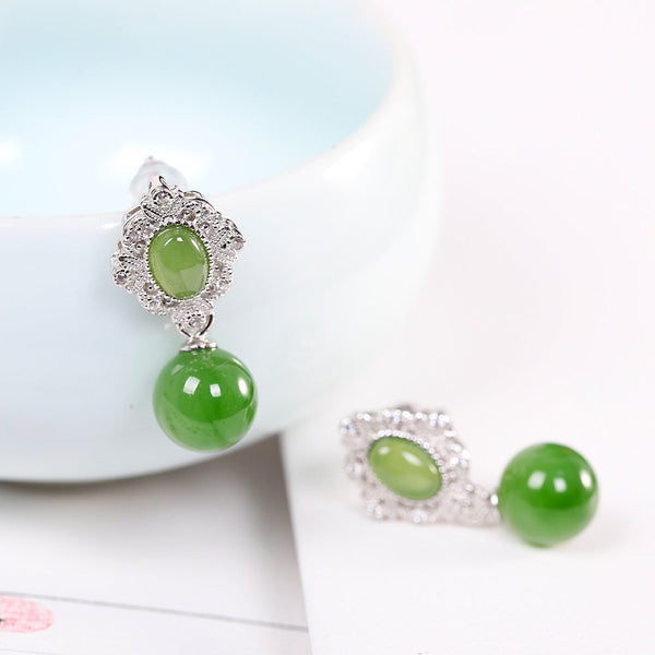 Vintage Sterling Silver Jade Drop Earrings for Women