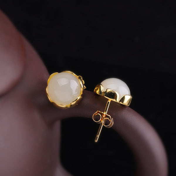 Golden Blossom Stud Earrings with Jade Gemstones