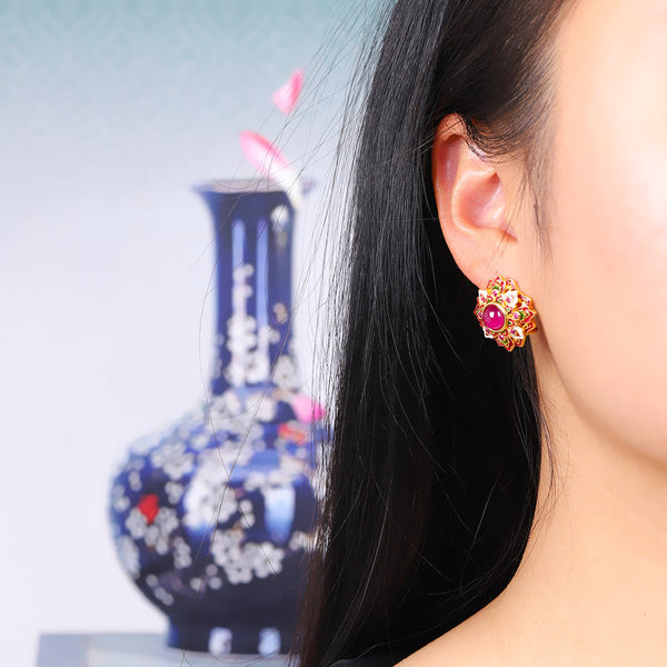 Ruby Enamel Lotus Earrings for Elegant Women