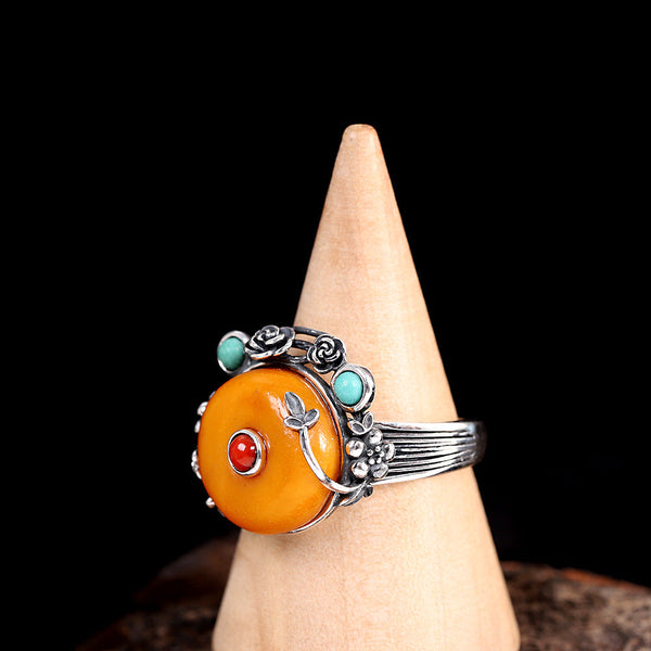 Vintage Silver Ring with Honey Amber - Artisanal